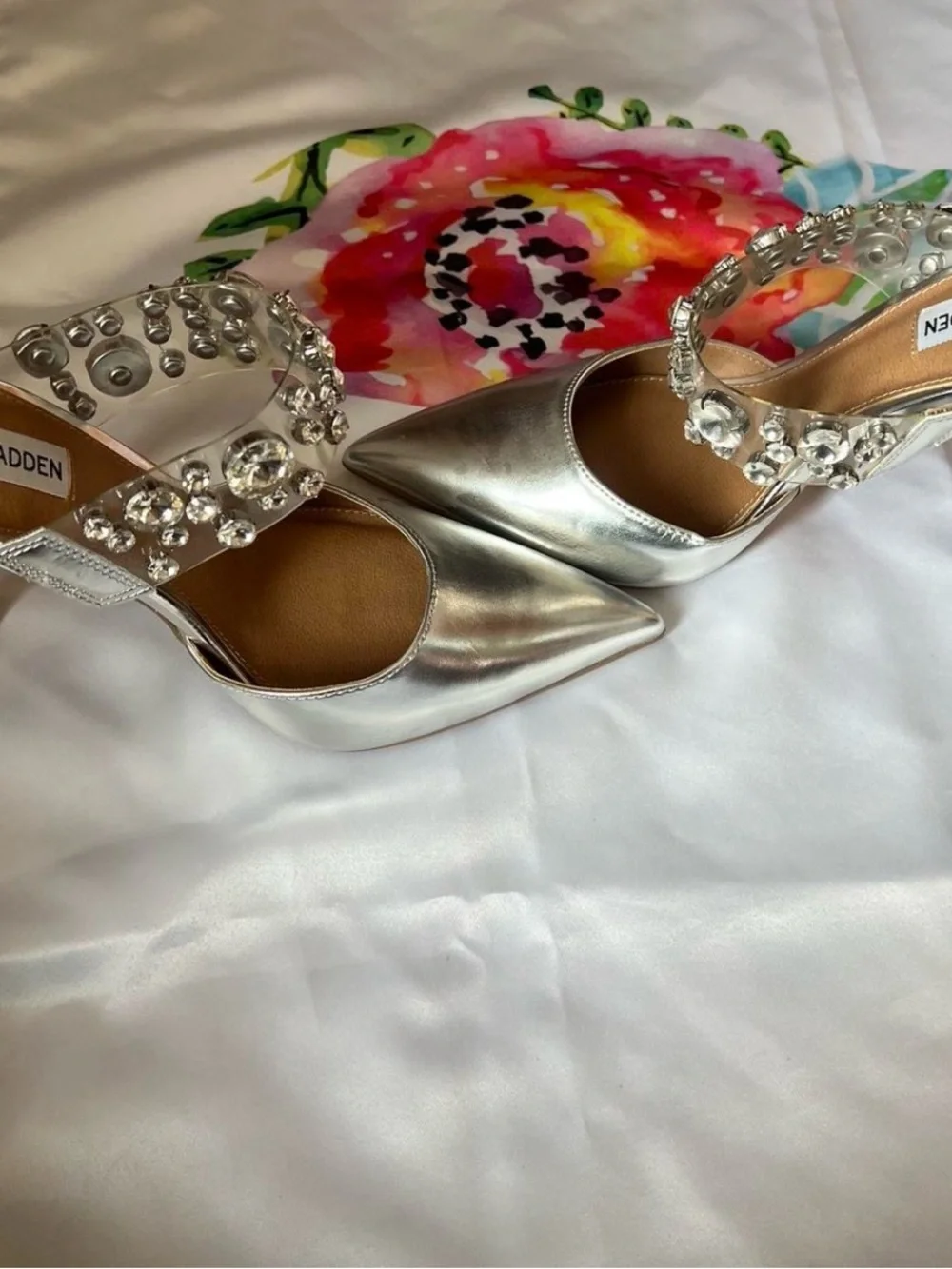 Steve Madden Silver Jeweled Clear-Strap Pointed Pumps